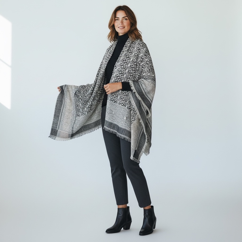 BCBGMaxAzria Black and Cream Patterned Wrap shawl one size